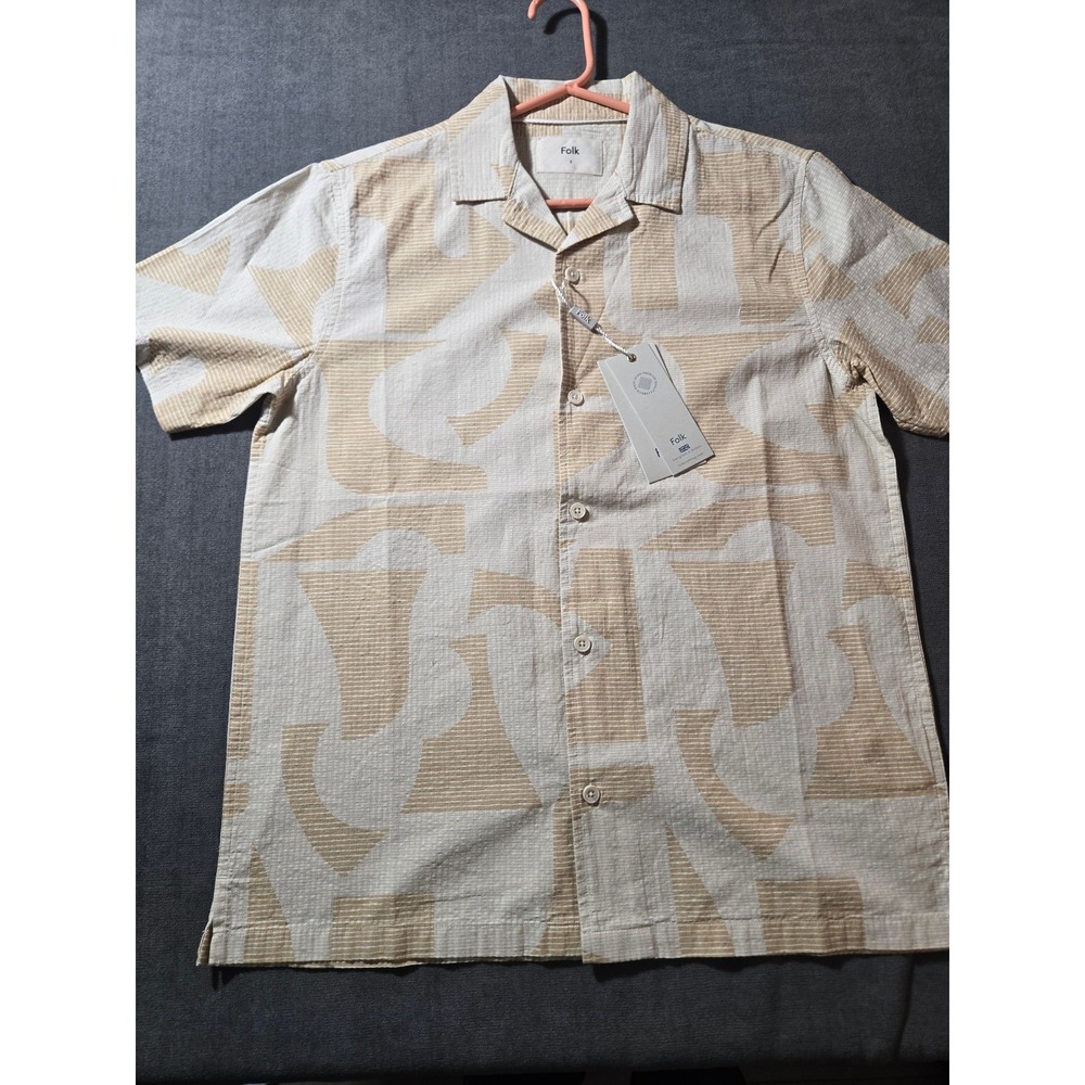 Folk Shirt Mens Small Textured Geometric Print Button Camp Coastal Resort Cotton